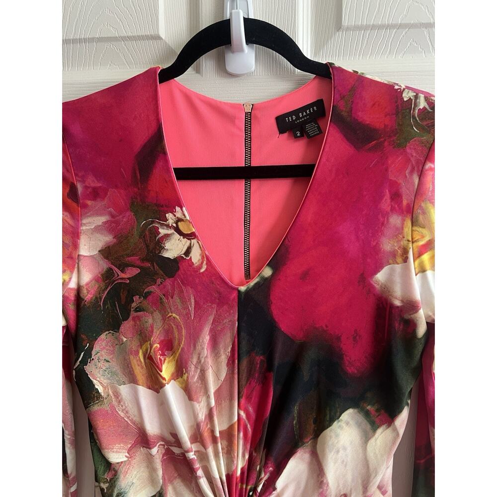 TED BAKER Tammar Knotted Waist Floral Rose On Canvas Stretch Dress Sz 2 US 6 - Picture 7 of 15